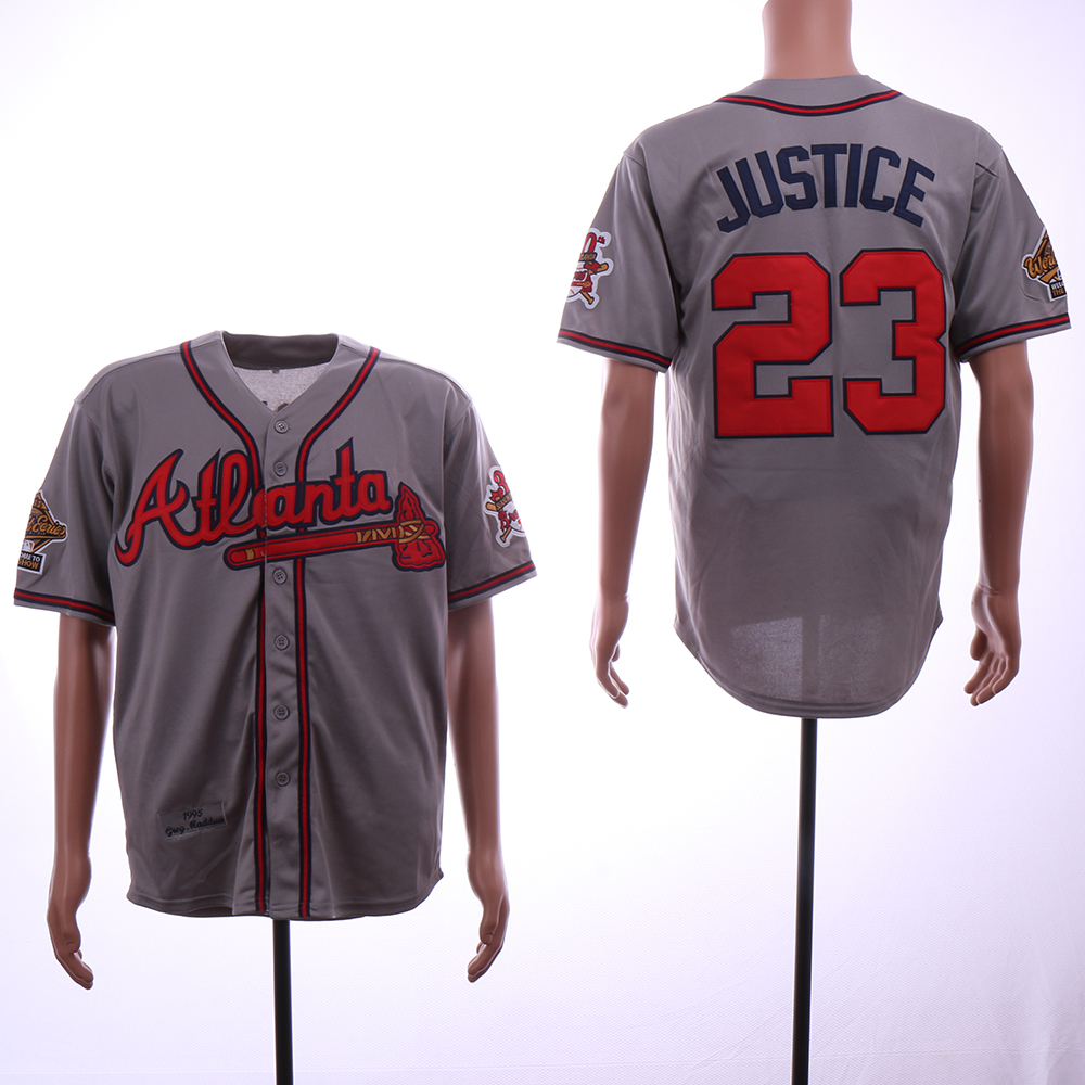 Men Atlanta Braves 23 Justice Grey Throwback 1995 MLB Jerseys